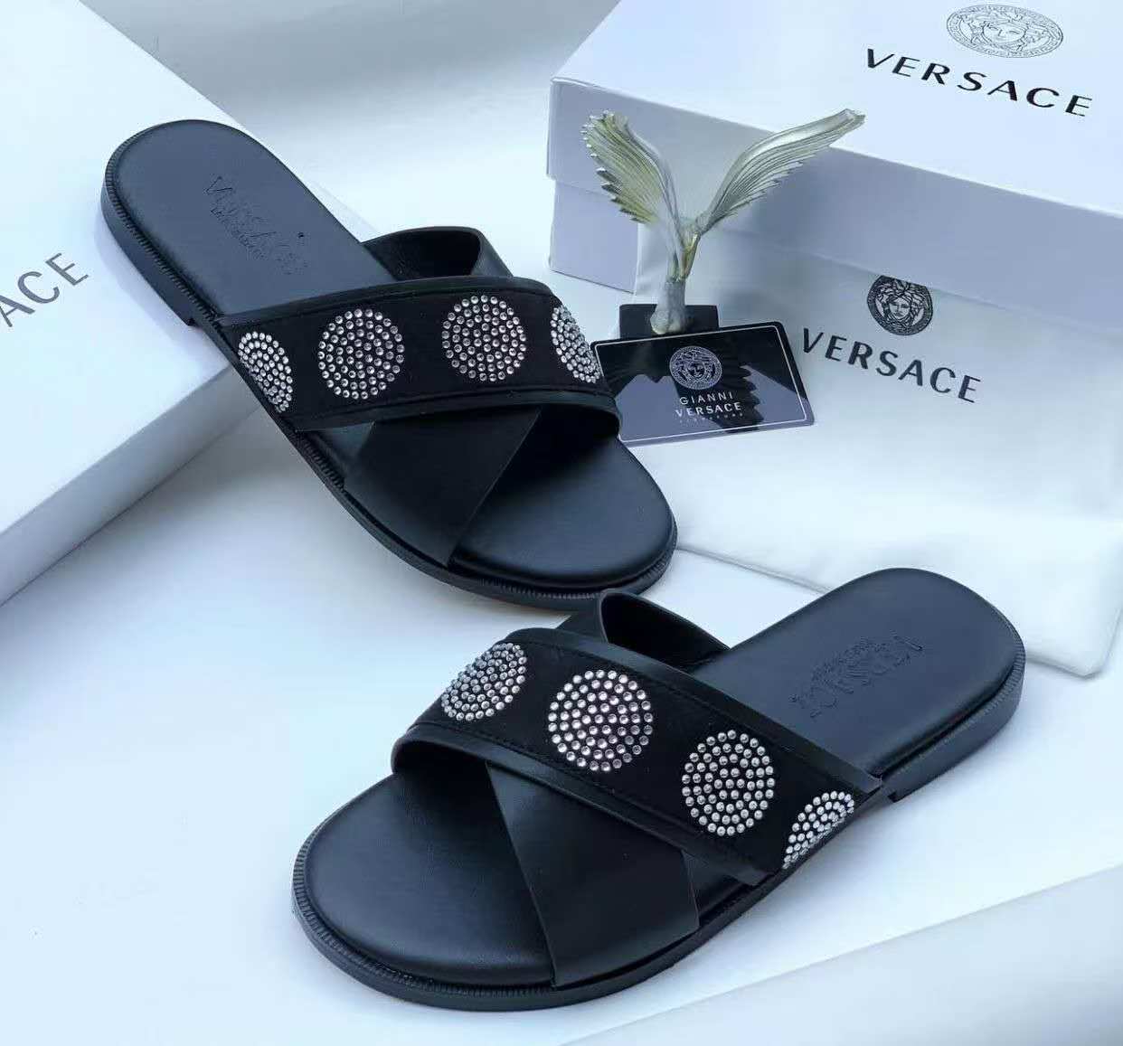 Versace Crystal-Embellished Crossband Sliders (Black)