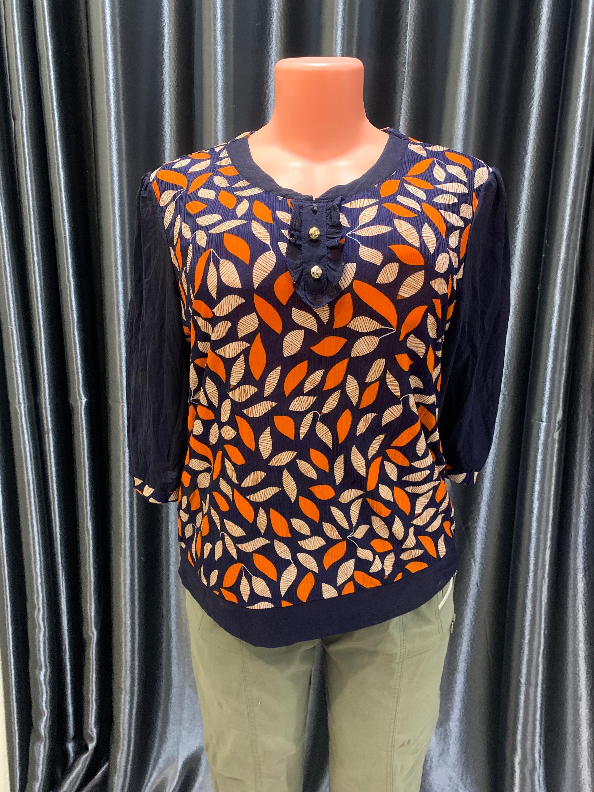 Navy & Orange Leaf Print Top