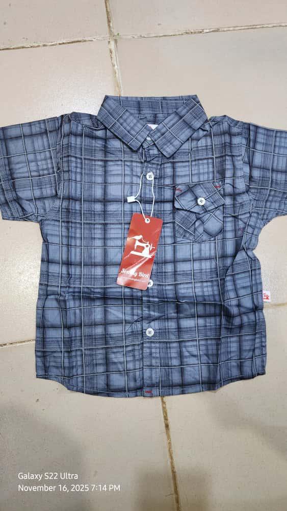 Kids' Grey Checkered Short-Sleeve Shirt